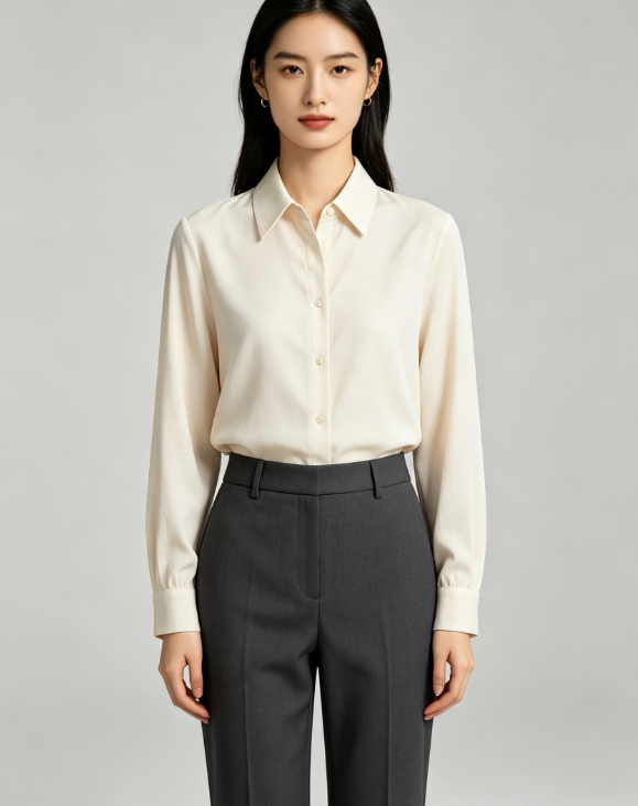 Wrinkle Resistant Soft Blouse + Draped Straight Trousers 2 Piece Outfit, Ladies Office Daily Casual Matching Suit