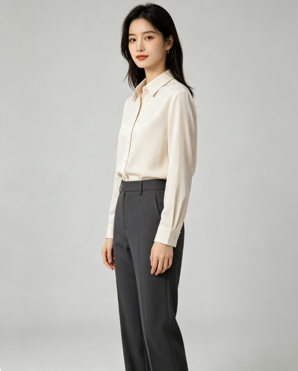 Wrinkle Resistant Soft Blouse + Draped Straight Trousers 2 Piece Outfit, Ladies Office Daily Casual Matching Suit