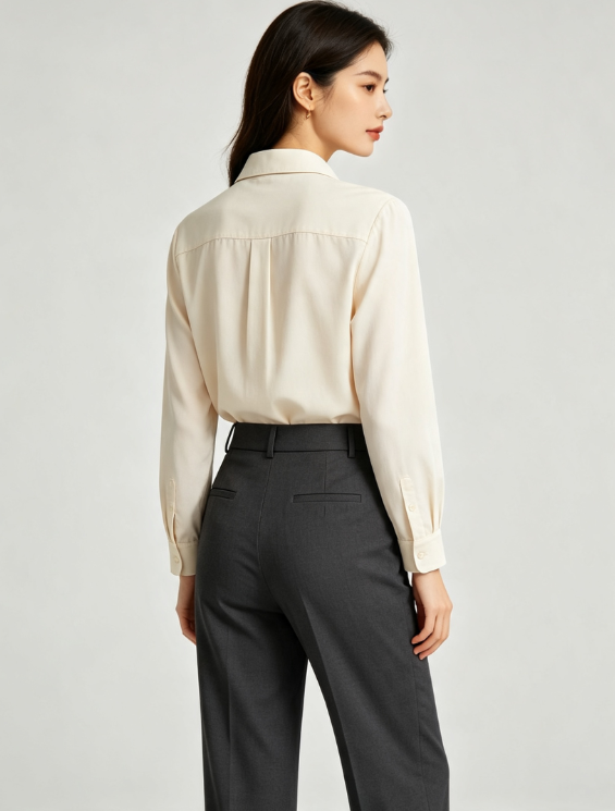 Wrinkle Resistant Soft Blouse + Draped Straight Trousers 2 Piece Outfit, Ladies Office Daily Casual Matching Suit